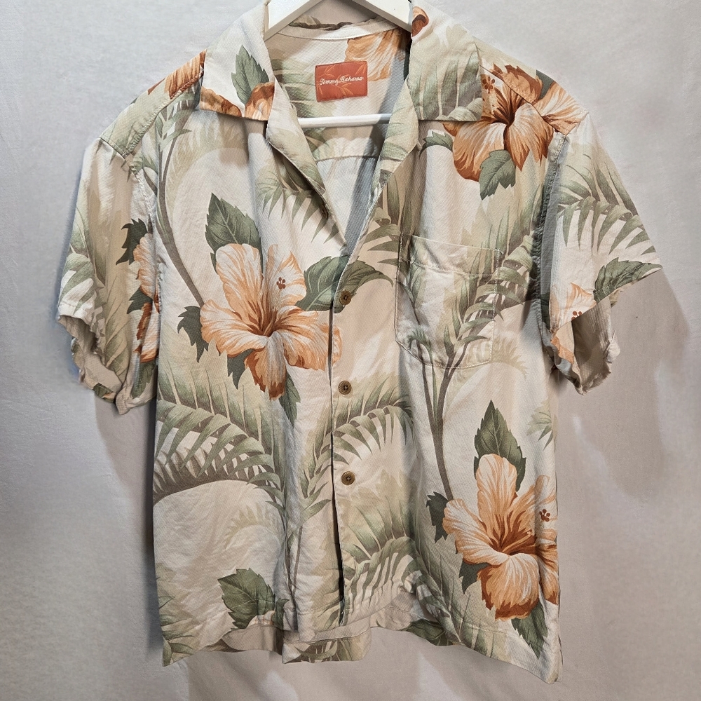 Tommy Bahama Cream Floral Button-Down Shirt with Orange Hibiscus